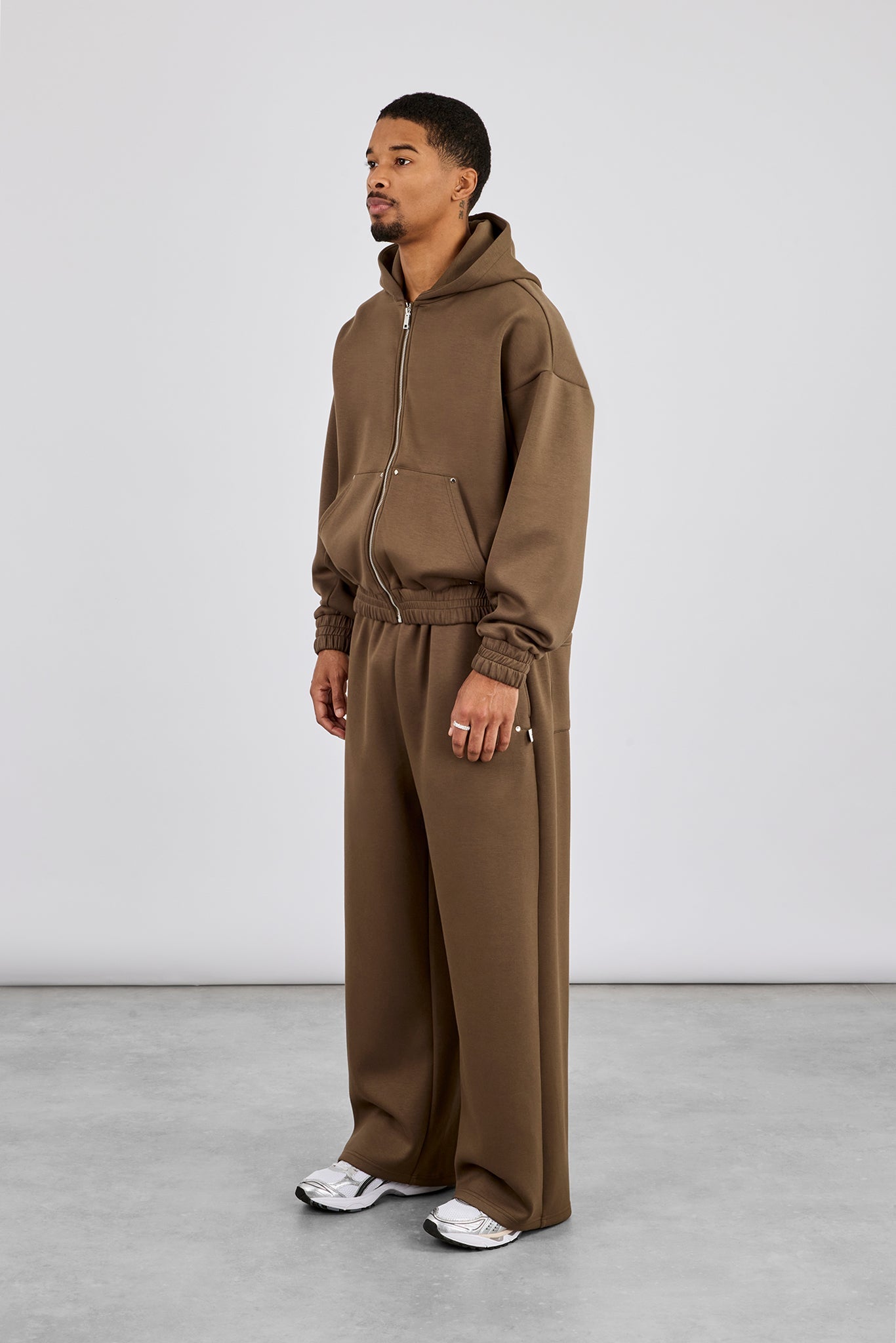 Scuba Zip Hoodie & Baggy Jogger With Woven Tab - Khaki